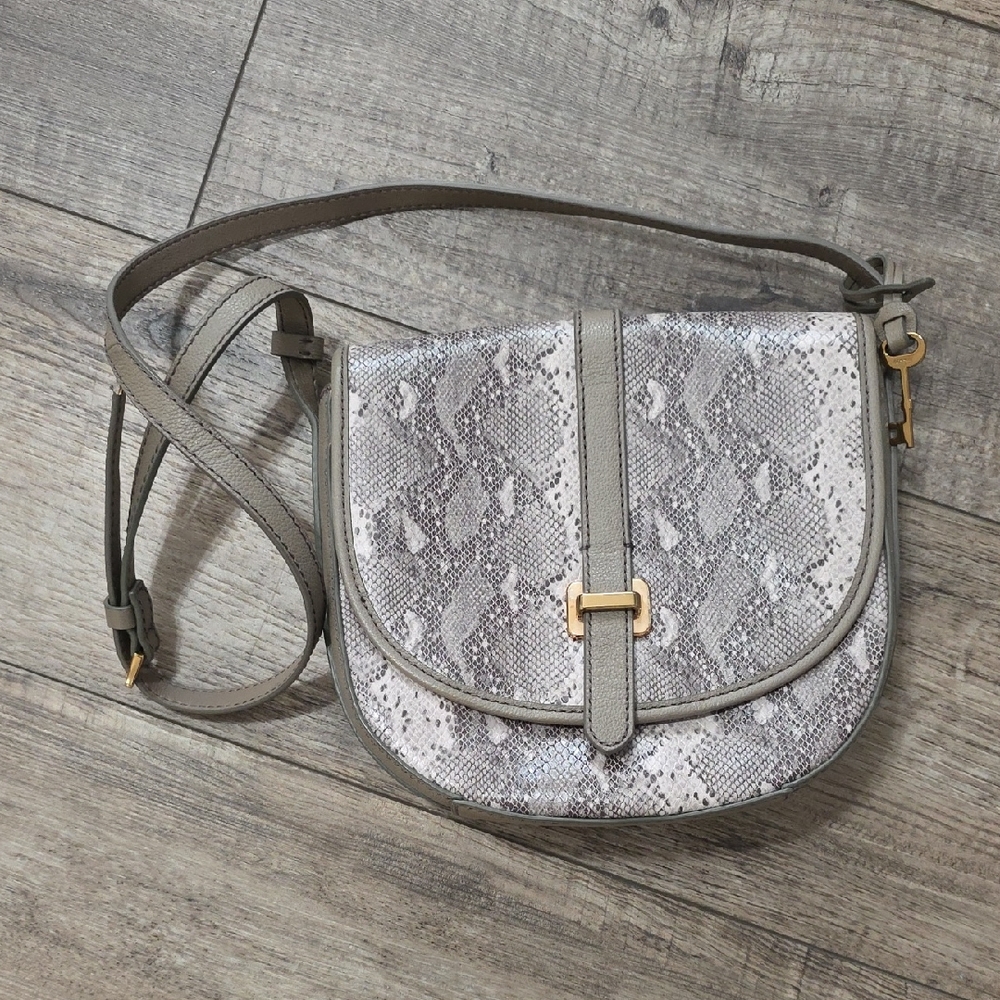 Fossil Crossbody Gray Leather Snake Print Bag Purse Adjustable Strap